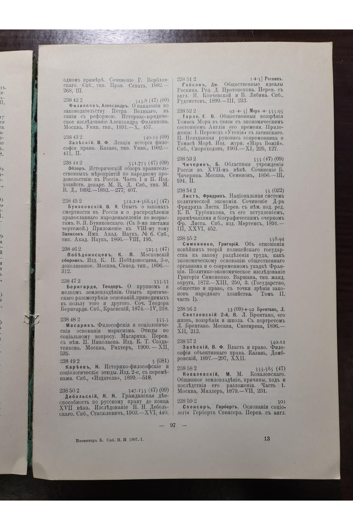 1908 р. Инвентарь библиотеки С-Петербургского политического института 